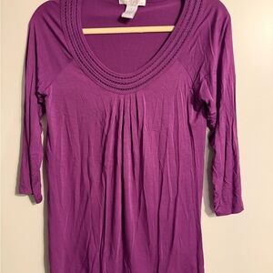 Women’s Purple Scoop Neck 3/4 Sleeve Top with Pleated Front